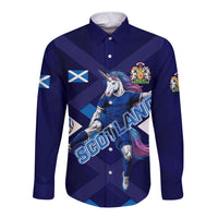 Personalized Scotland Unicorn Football Long Sleeve Button Shirt Scottish National Soccer Team - St Andrew's Cross - Vibrant Fantasy Mascot