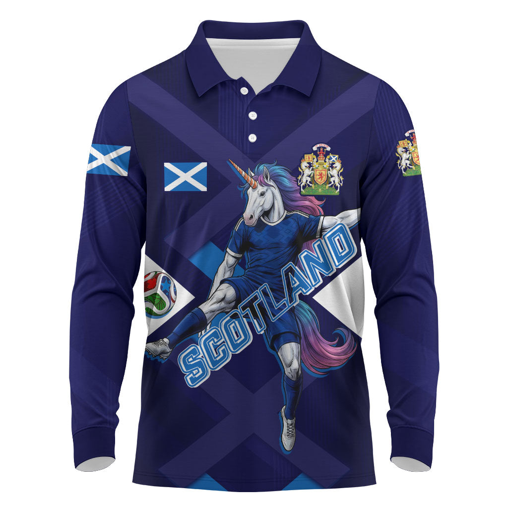 Personalized Scotland Unicorn Football Long Sleeve Polo Shirt Scottish National Soccer Team - St Andrew's Cross - Vibrant Fantasy Mascot