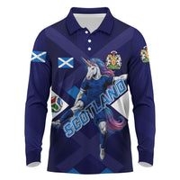 Personalized Scotland Unicorn Football Long Sleeve Polo Shirt Scottish National Soccer Team - St Andrew's Cross - Vibrant Fantasy Mascot