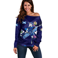 Personalized Scotland Unicorn Football Off Shoulder Sweater Scottish National Soccer Team - St Andrew's Cross - Vibrant Fantasy Mascot