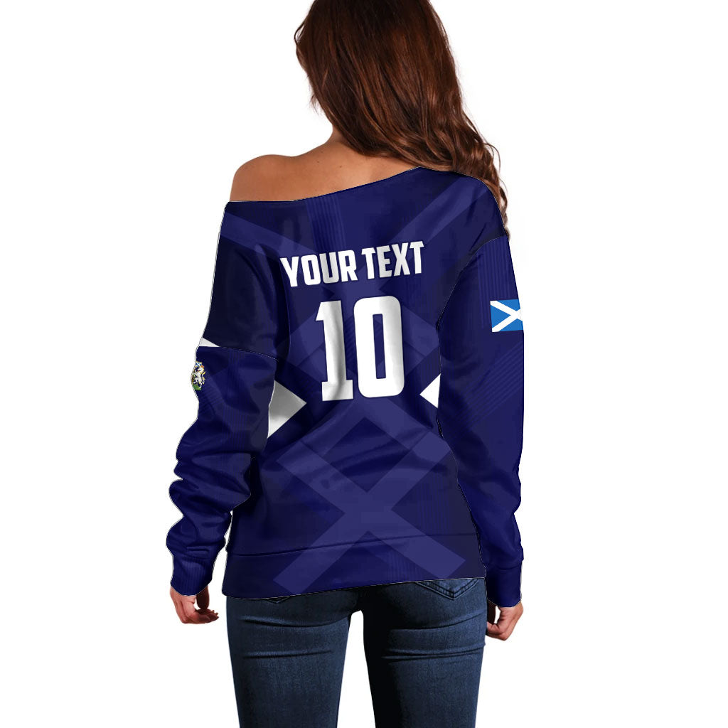 Personalized Scotland Unicorn Football Off Shoulder Sweater Scottish National Soccer Team - St Andrew's Cross - Vibrant Fantasy Mascot