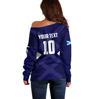 Personalized Scotland Unicorn Football Off Shoulder Sweater Scottish National Soccer Team - St Andrew's Cross - Vibrant Fantasy Mascot