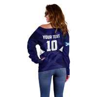 Personalized Scotland Unicorn Football Off Shoulder Sweater Scottish National Soccer Team - St Andrew's Cross - Vibrant Fantasy Mascot