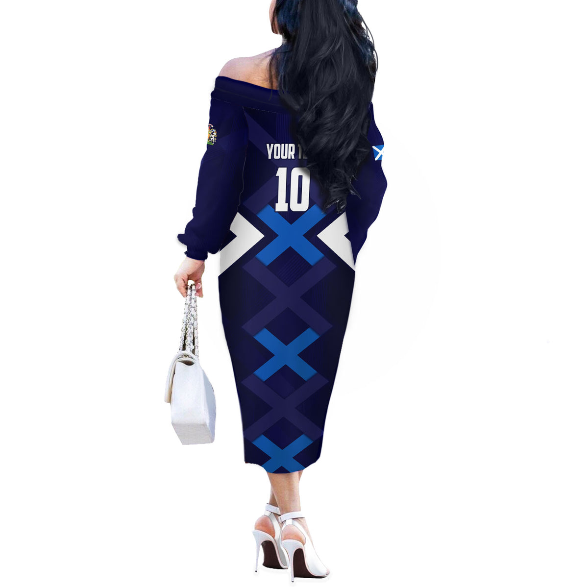 Personalized Scotland Unicorn Football Off The Shoulder Long Sleeve Dress Scottish National Soccer Team - St Andrew's Cross - Vibrant Fantasy Mascot