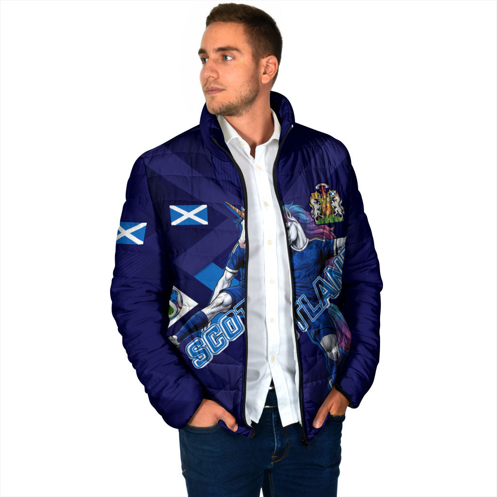Personalized Scotland Unicorn Football Padded Jacket Scottish National Soccer Team - St Andrew's Cross - Vibrant Fantasy Mascot