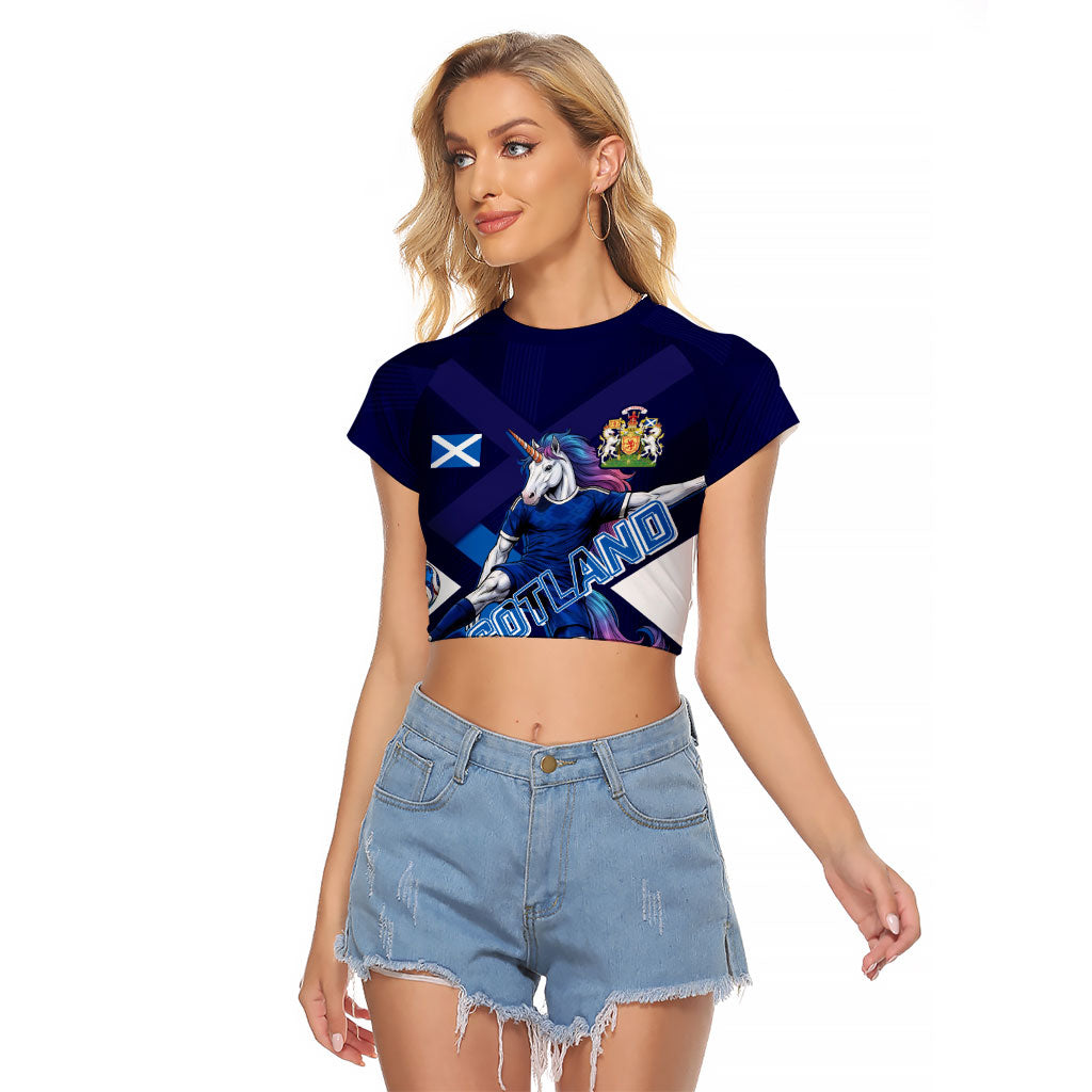 Personalized Scotland Unicorn Football Raglan Cropped T Shirt Scottish National Soccer Team - St Andrew's Cross - Vibrant Fantasy Mascot