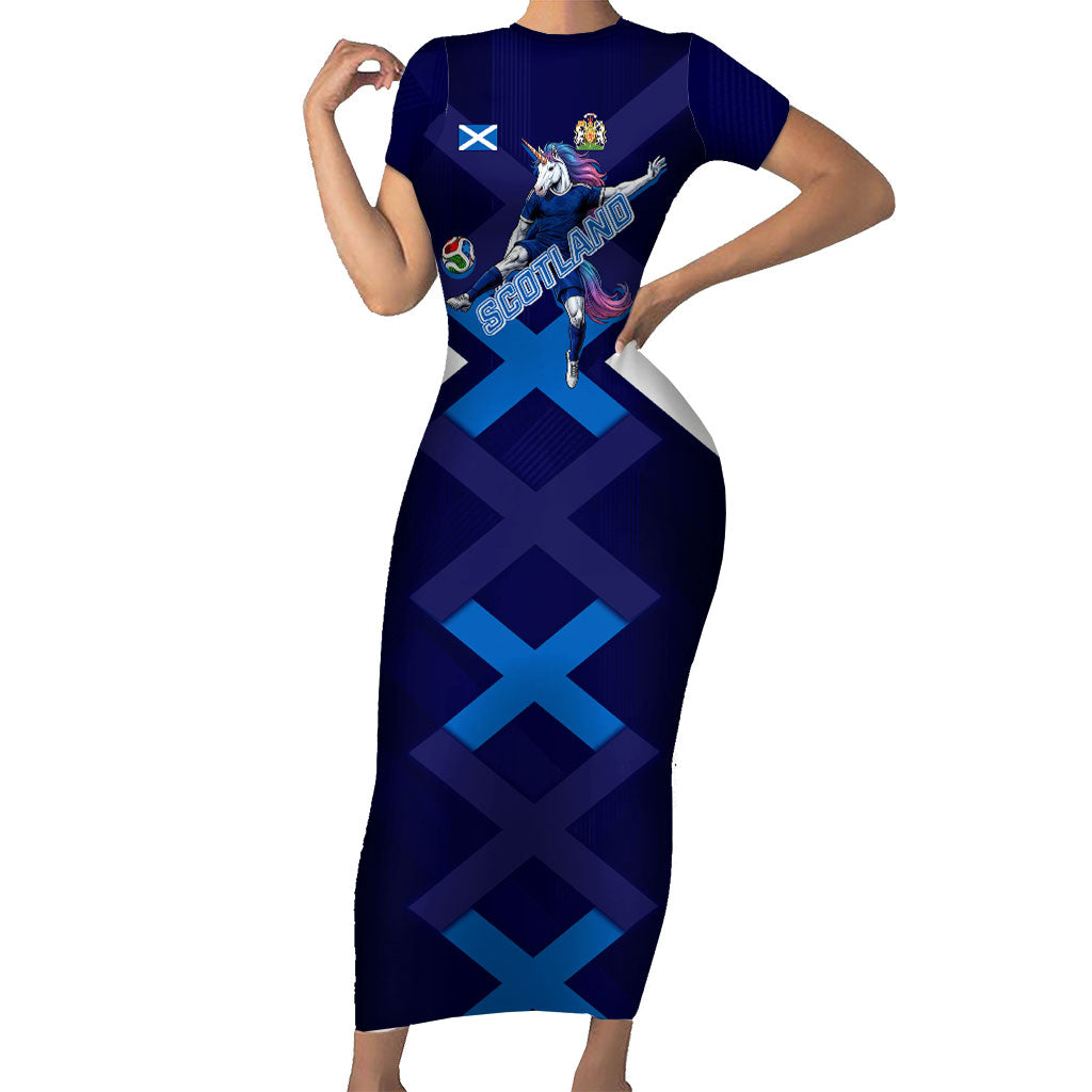 Personalized Scotland Unicorn Football Short Sleeve Bodycon Dress Scottish National Soccer Team - St Andrew's Cross - Vibrant Fantasy Mascot