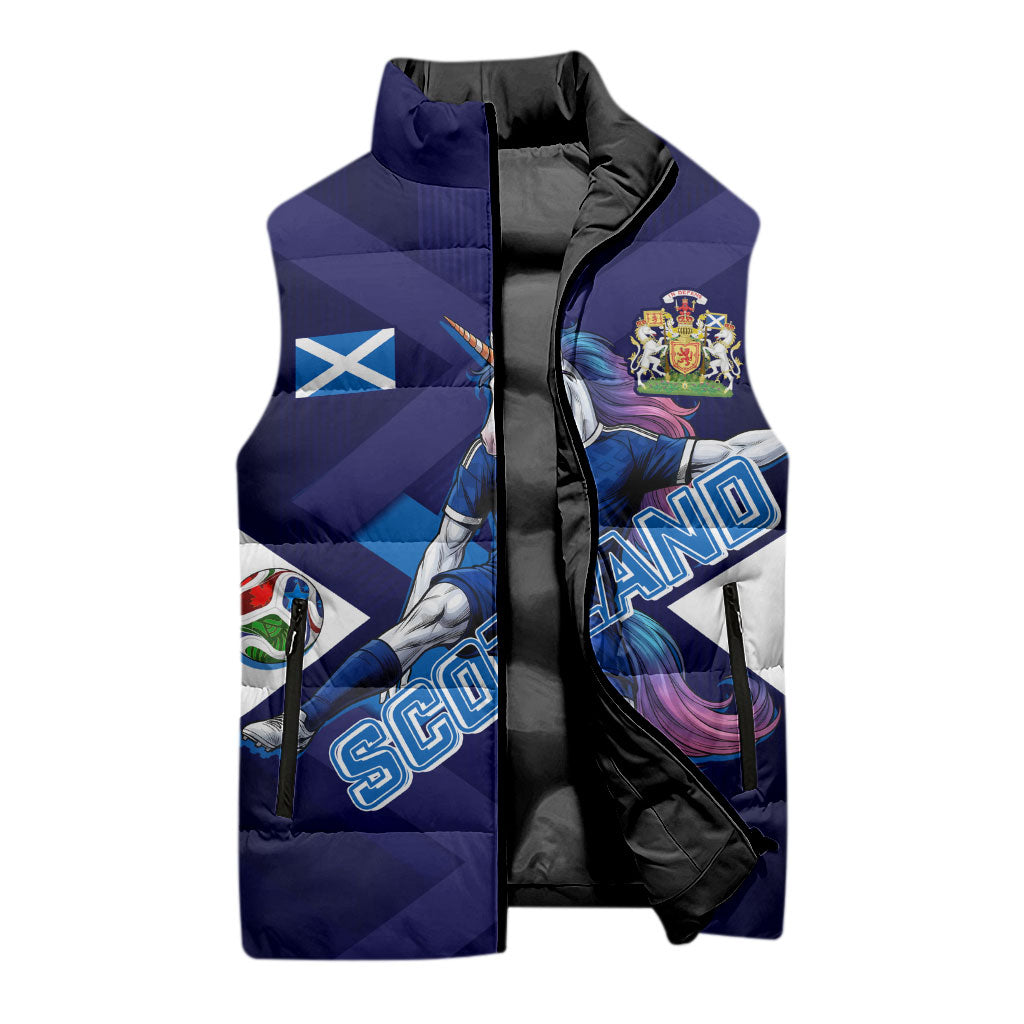 Personalized Scotland Unicorn Football Sleeveless Puffer Jacket Scottish National Soccer Team - St Andrew's Cross - Vibrant Fantasy Mascot