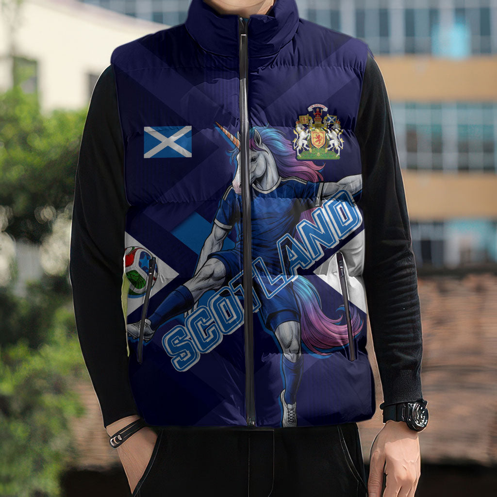 Personalized Scotland Unicorn Football Sleeveless Puffer Jacket Scottish National Soccer Team - St Andrew's Cross - Vibrant Fantasy Mascot