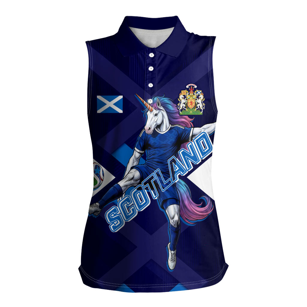 Personalized Scotland Unicorn Football Women Sleeveless Polo Shirt Scottish National Soccer Team - St Andrew's Cross - Vibrant Fantasy Mascot
