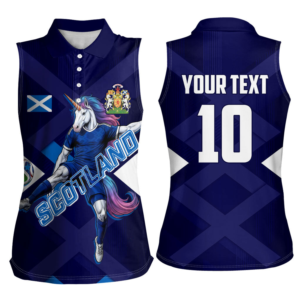Personalized Scotland Unicorn Football Women Sleeveless Polo Shirt Scottish National Soccer Team - St Andrew's Cross - Vibrant Fantasy Mascot