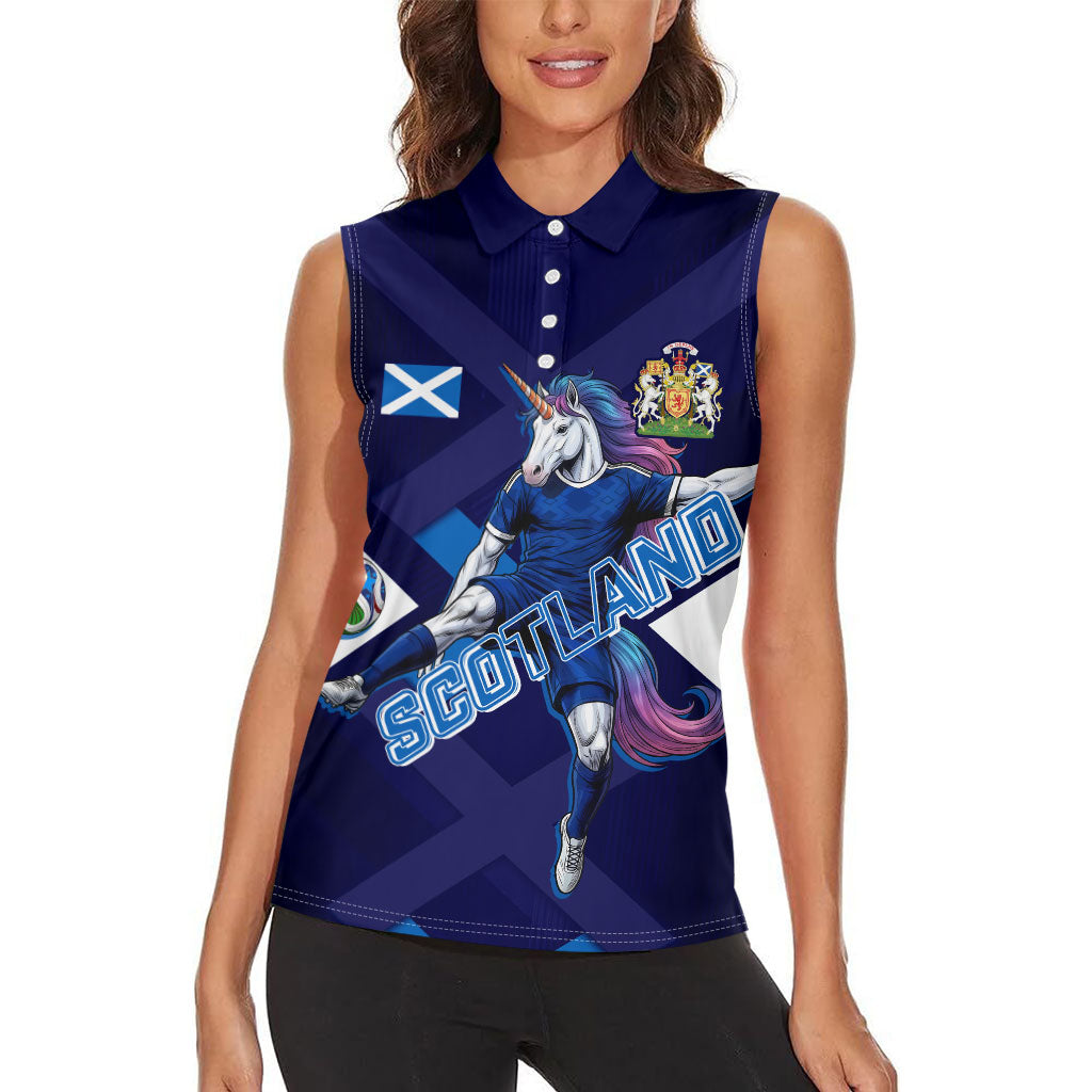 Personalized Scotland Unicorn Football Women Sleeveless Polo Shirt Scottish National Soccer Team - St Andrew's Cross - Vibrant Fantasy Mascot