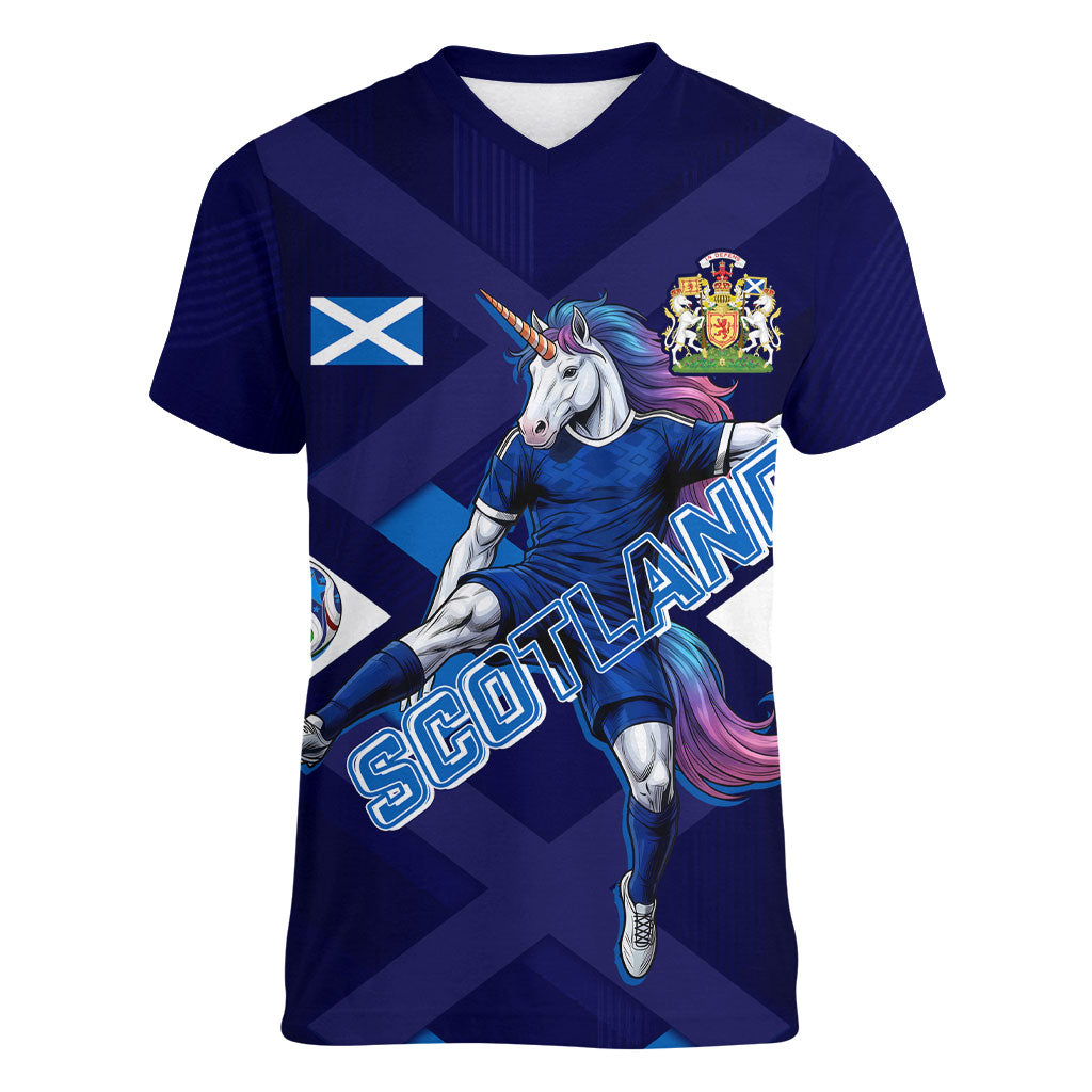 Personalized Scotland Unicorn Football Women V-Neck T-Shirt Scottish National Soccer Team - St Andrew's Cross - Vibrant Fantasy Mascot