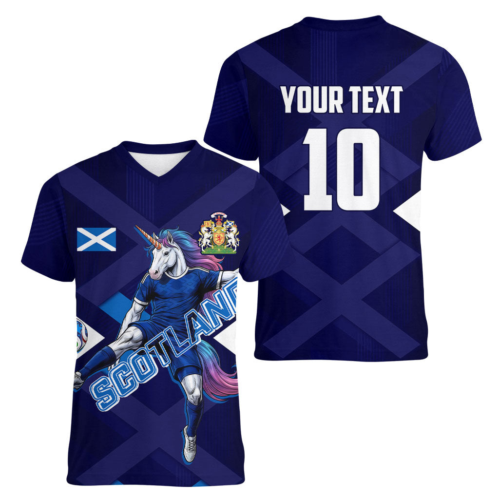 Personalized Scotland Unicorn Football Women V-Neck T-Shirt Scottish National Soccer Team - St Andrew's Cross - Vibrant Fantasy Mascot
