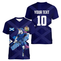 Personalized Scotland Unicorn Football Women V-Neck T-Shirt Scottish National Soccer Team - St Andrew's Cross - Vibrant Fantasy Mascot