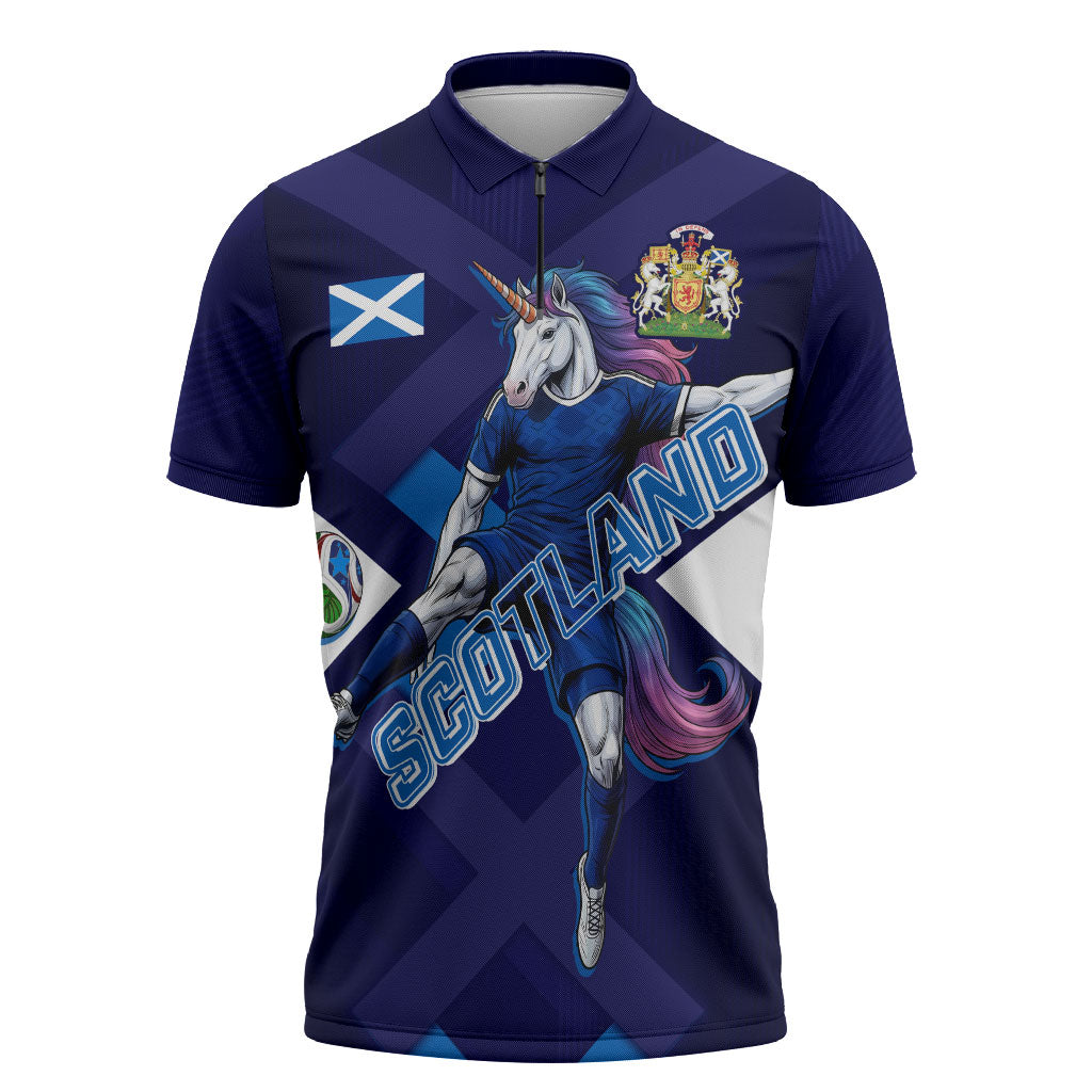 Personalized Scotland Unicorn Football Zipper Polo Shirt Scottish National Soccer Team - St Andrew's Cross - Vibrant Fantasy Mascot