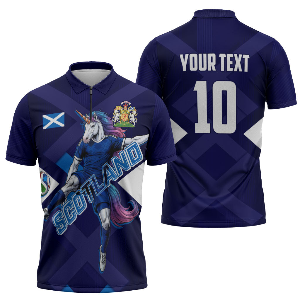 Personalized Scotland Unicorn Football Zipper Polo Shirt Scottish National Soccer Team - St Andrew's Cross - Vibrant Fantasy Mascot