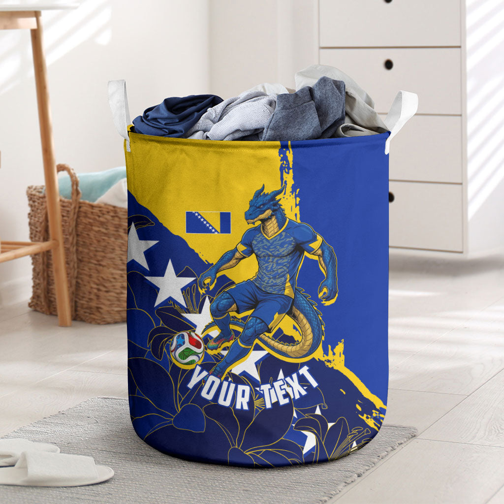 Personalized Bosnia And Herzegovina Football Dragon Mascot Laundry Basket Balkan Soccer Design With Floral Line Art