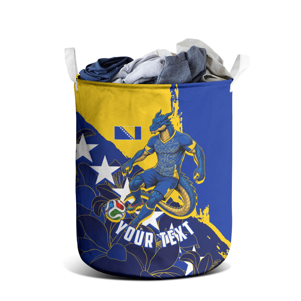 Personalized Bosnia And Herzegovina Football Dragon Mascot Laundry Basket Balkan Soccer Design With Floral Line Art