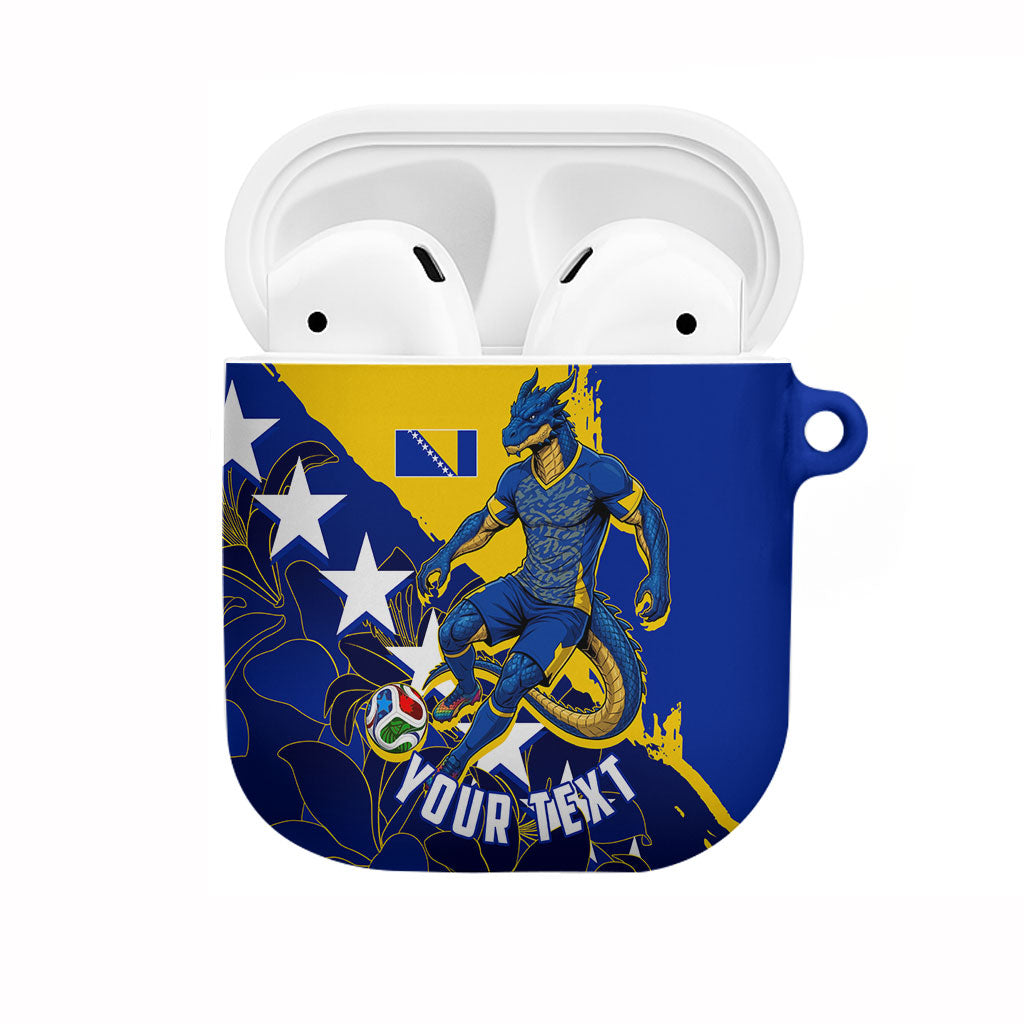 Personalized Bosnia And Herzegovina Football Dragon Mascot AirPods Case Balkan Soccer Design With Floral Line Art