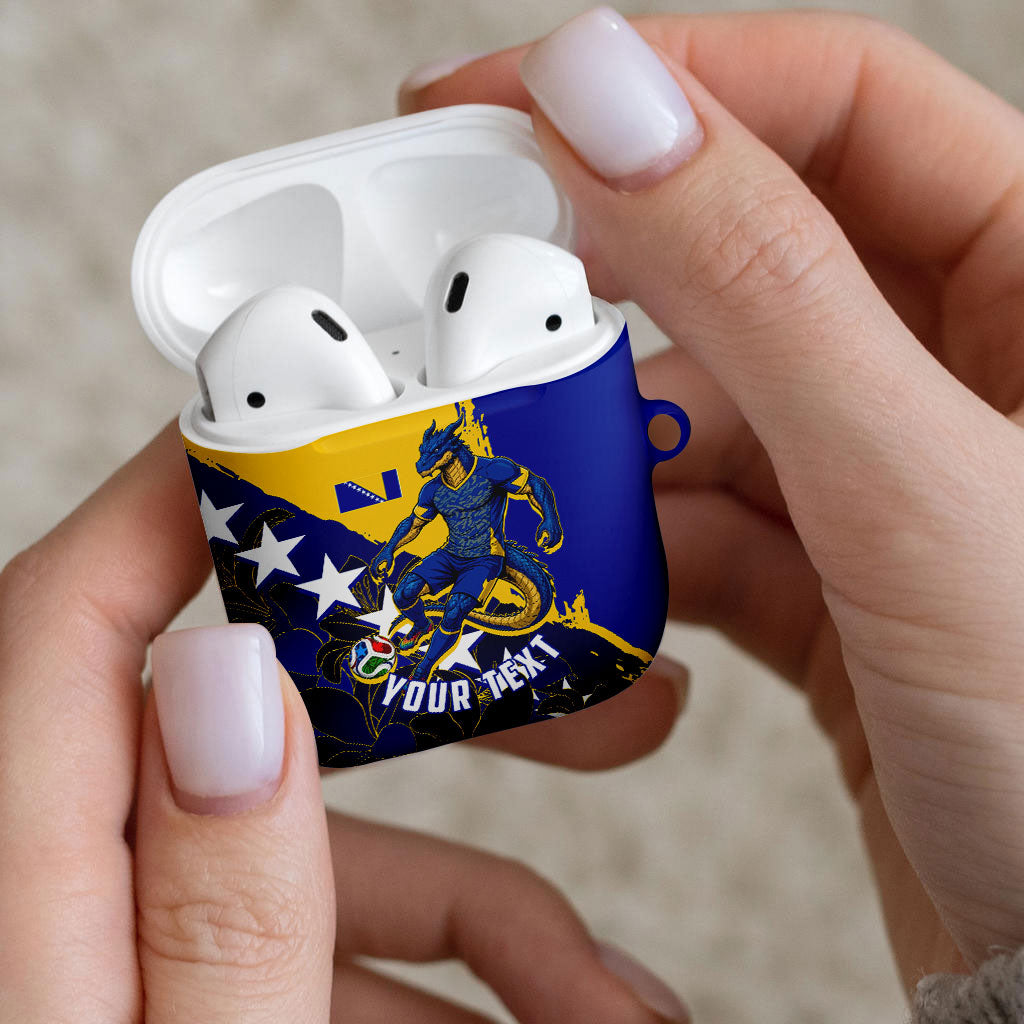 Personalized Bosnia And Herzegovina Football Dragon Mascot AirPods Case Balkan Soccer Design With Floral Line Art