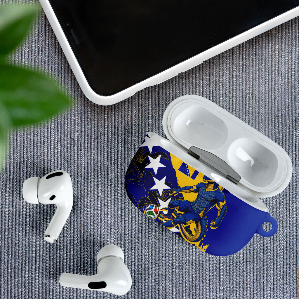 Personalized Bosnia And Herzegovina Football Dragon Mascot AirPods Case Balkan Soccer Design With Floral Line Art