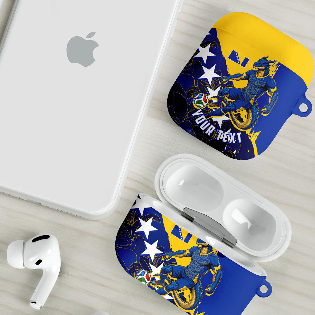 Personalized Bosnia And Herzegovina Football Dragon Mascot AirPods Case Balkan Soccer Design With Floral Line Art