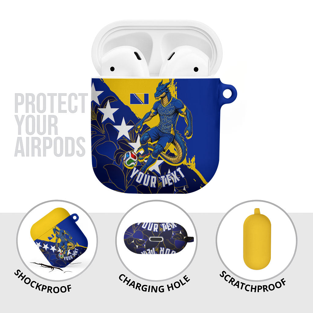 Personalized Bosnia And Herzegovina Football Dragon Mascot AirPods Case Balkan Soccer Design With Floral Line Art