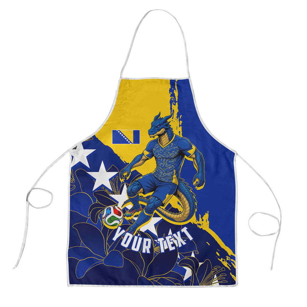 Personalized Bosnia And Herzegovina Football Dragon Mascot Apron Balkan Soccer Design With Floral Line Art