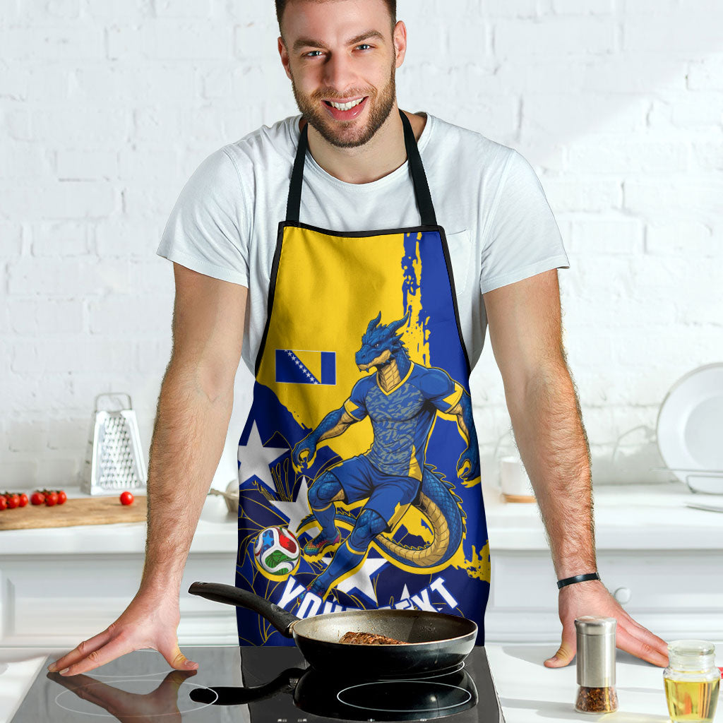 Personalized Bosnia And Herzegovina Football Dragon Mascot Apron Balkan Soccer Design With Floral Line Art