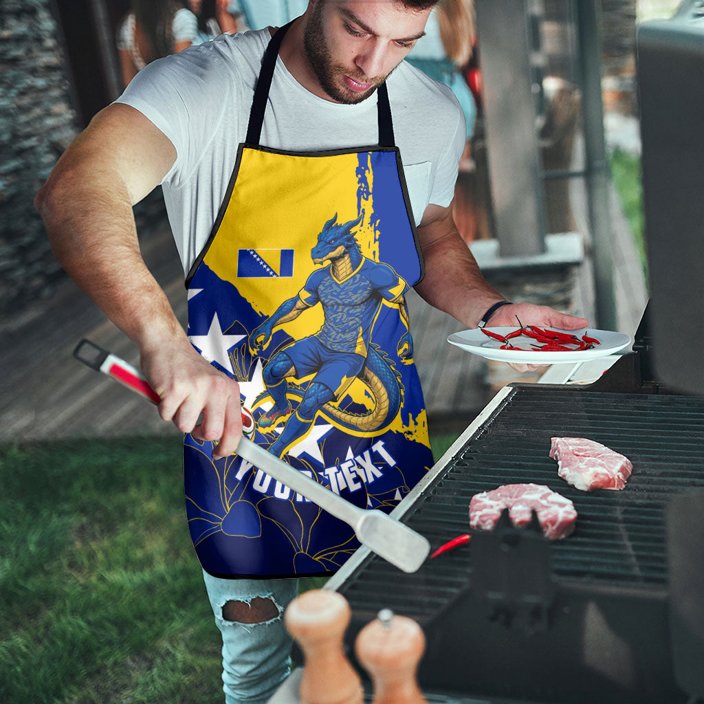 Personalized Bosnia And Herzegovina Football Dragon Mascot Apron Balkan Soccer Design With Floral Line Art