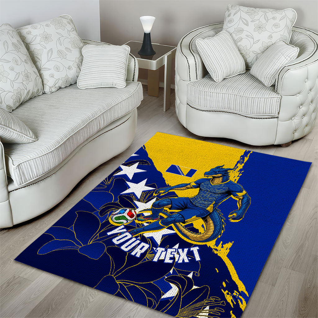 Personalized Bosnia And Herzegovina Football Dragon Mascot Area Rug Balkan Soccer Design With Floral Line Art