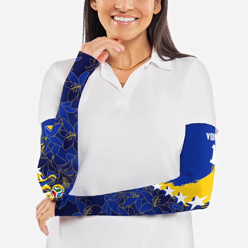 Personalized Bosnia And Herzegovina Football Dragon Mascot Arm Sleeves Balkan Soccer Design With Floral Line Art