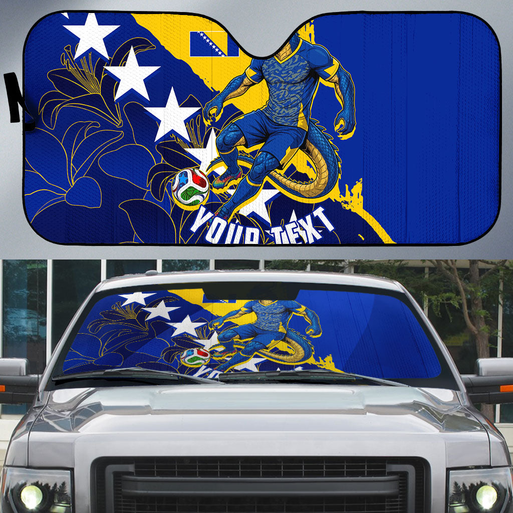 Personalized Bosnia And Herzegovina Football Dragon Mascot Auto Sun Shade Balkan Soccer Design With Floral Line Art