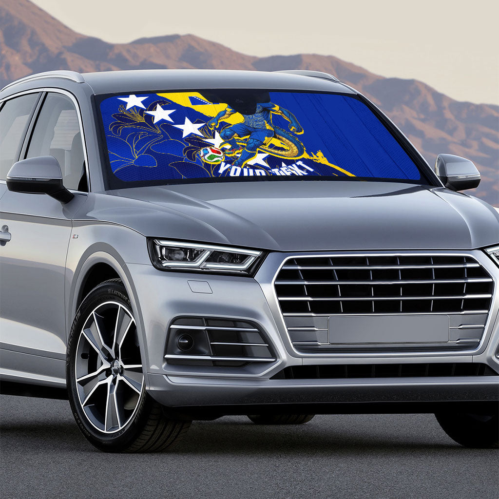 Personalized Bosnia And Herzegovina Football Dragon Mascot Auto Sun Shade Balkan Soccer Design With Floral Line Art