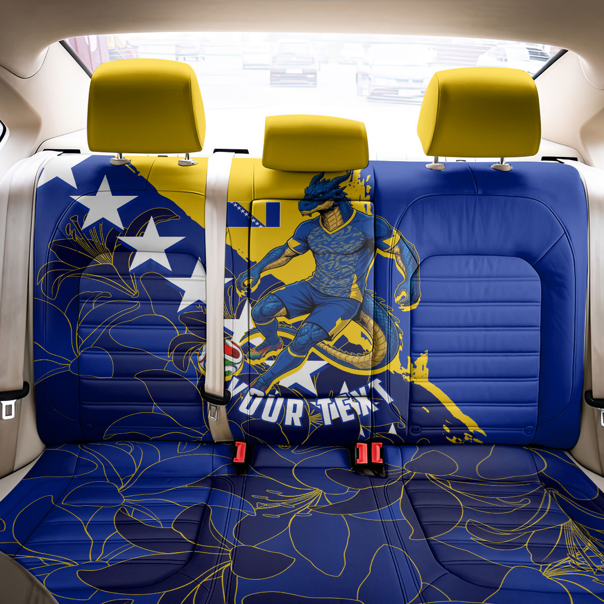 Personalized Bosnia And Herzegovina Football Dragon Mascot Back Car Seat Cover Balkan Soccer Design With Floral Line Art