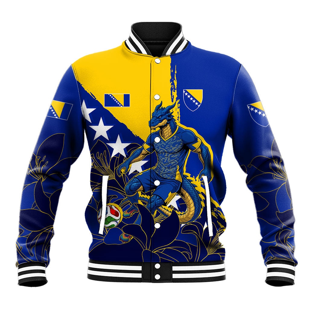 Personalized Bosnia And Herzegovina Football Dragon Mascot Baseball Jacket Balkan Soccer Design With Floral Line Art