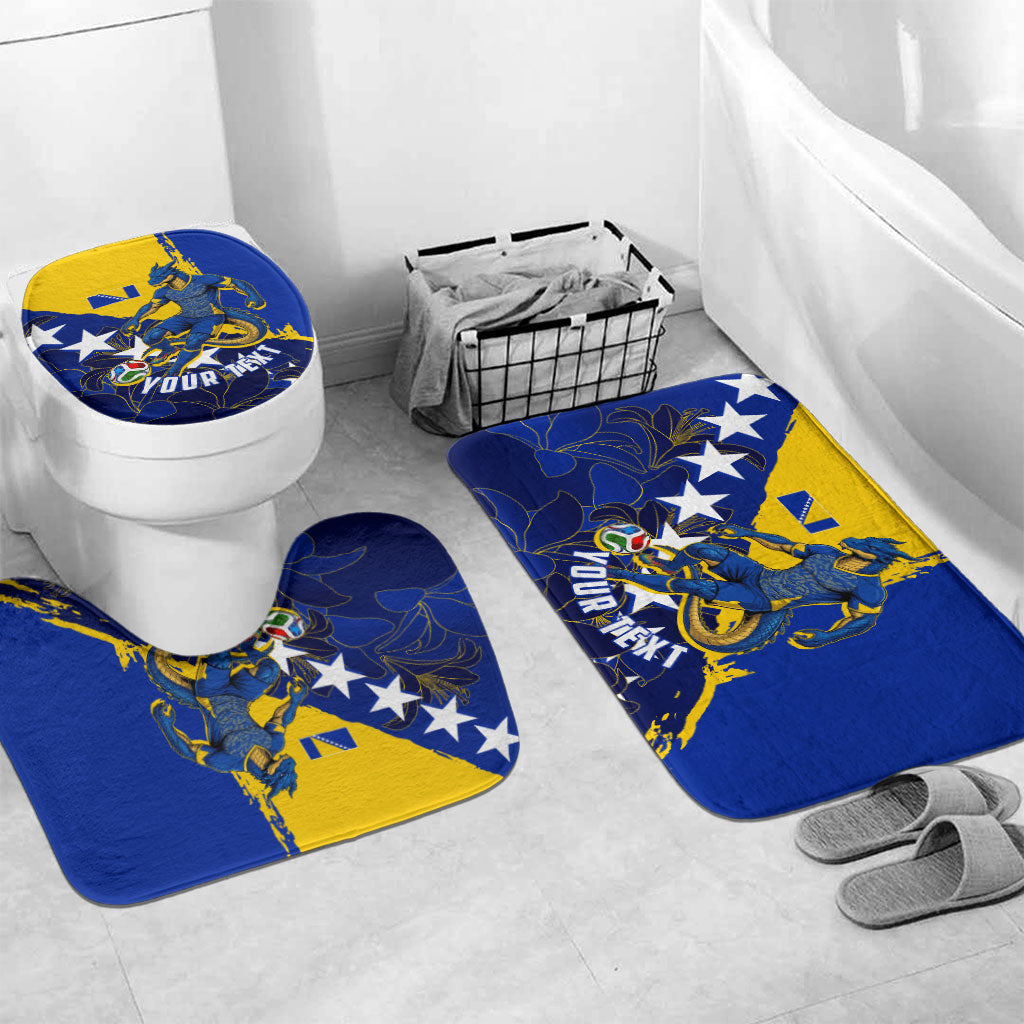 Personalized Bosnia And Herzegovina Football Dragon Mascot Bathroom Set Balkan Soccer Design With Floral Line Art