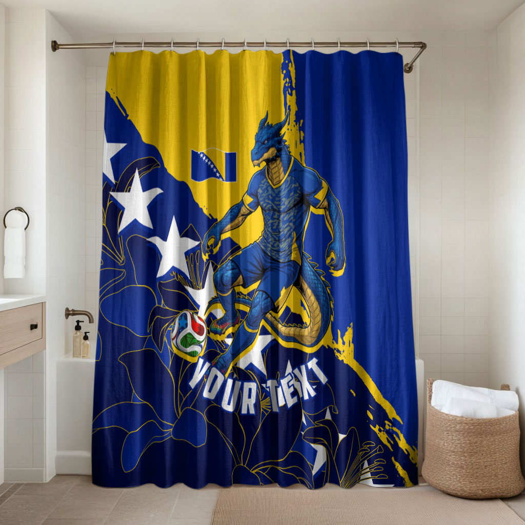 Personalized Bosnia And Herzegovina Football Dragon Mascot Bathroom Set Balkan Soccer Design With Floral Line Art