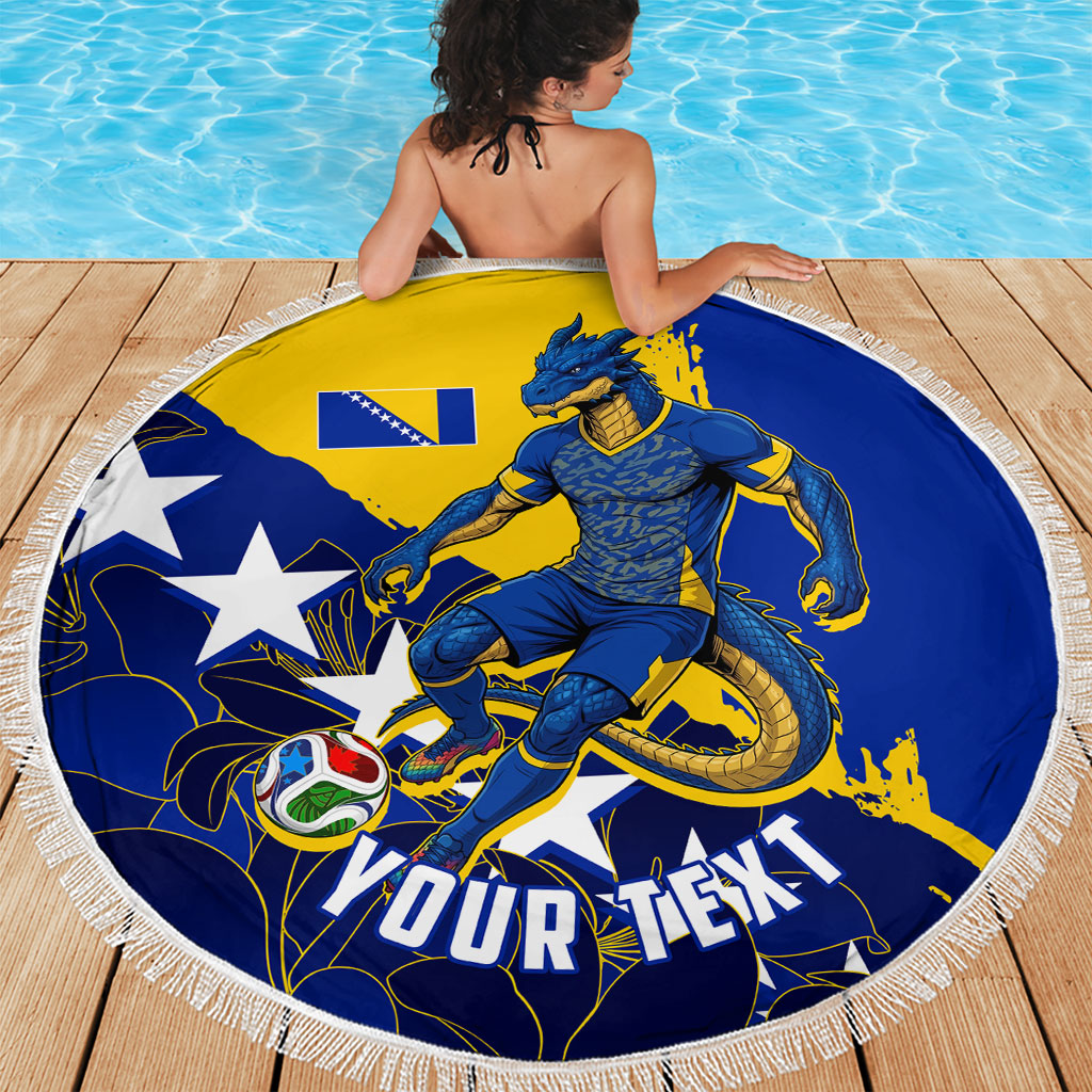 Personalized Bosnia And Herzegovina Football Dragon Mascot Beach Blanket Balkan Soccer Design With Floral Line Art