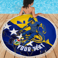 Personalized Bosnia And Herzegovina Football Dragon Mascot Beach Blanket Balkan Soccer Design With Floral Line Art