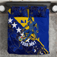 Personalized Bosnia And Herzegovina Football Dragon Mascot Bedding Set Balkan Soccer Design With Floral Line Art