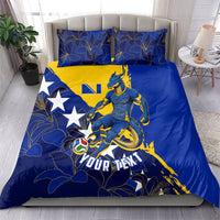 Personalized Bosnia And Herzegovina Football Dragon Mascot Bedding Set Balkan Soccer Design With Floral Line Art