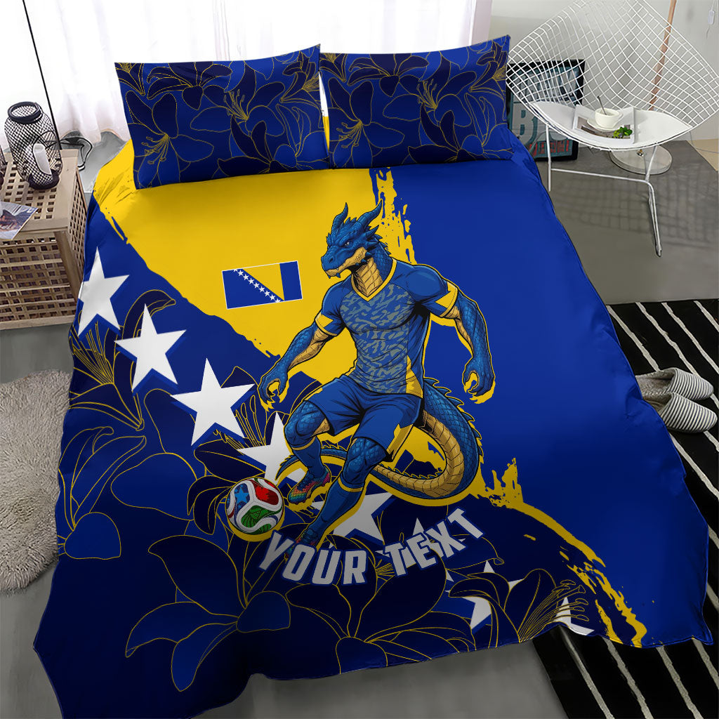 Personalized Bosnia And Herzegovina Football Dragon Mascot Bedding Set Balkan Soccer Design With Floral Line Art