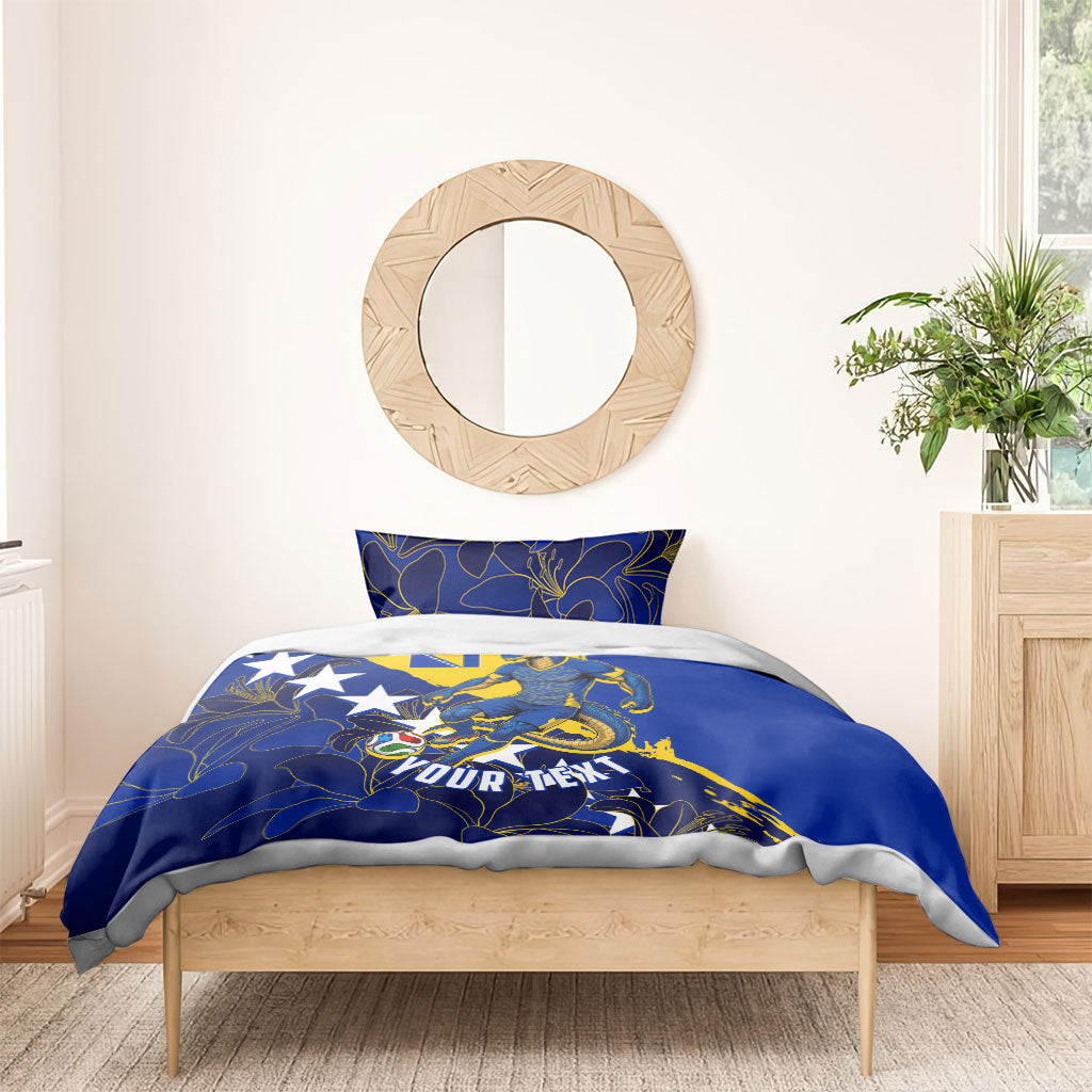 Personalized Bosnia And Herzegovina Football Dragon Mascot Bedding Set Balkan Soccer Design With Floral Line Art