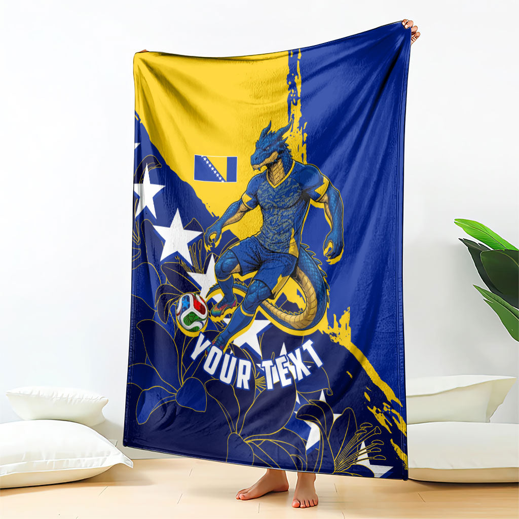 Personalized Bosnia And Herzegovina Football Dragon Mascot Blanket Balkan Soccer Design With Floral Line Art