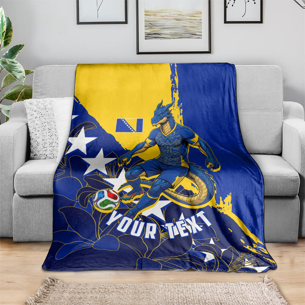 Personalized Bosnia And Herzegovina Football Dragon Mascot Blanket Balkan Soccer Design With Floral Line Art