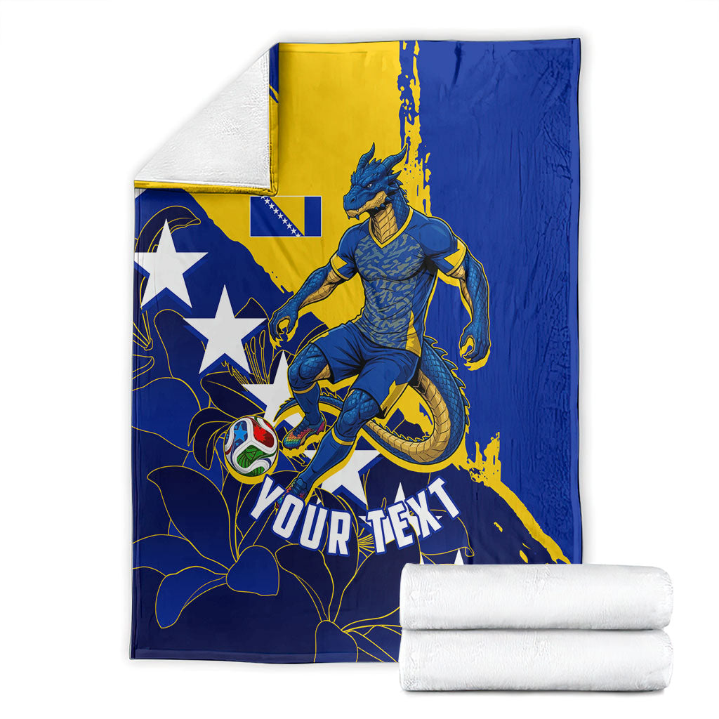 Personalized Bosnia And Herzegovina Football Dragon Mascot Blanket Balkan Soccer Design With Floral Line Art