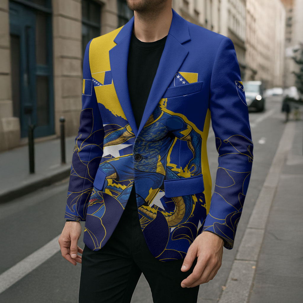 Personalized Bosnia And Herzegovina Football Dragon Mascot Blazer Balkan Soccer Design With Floral Line Art