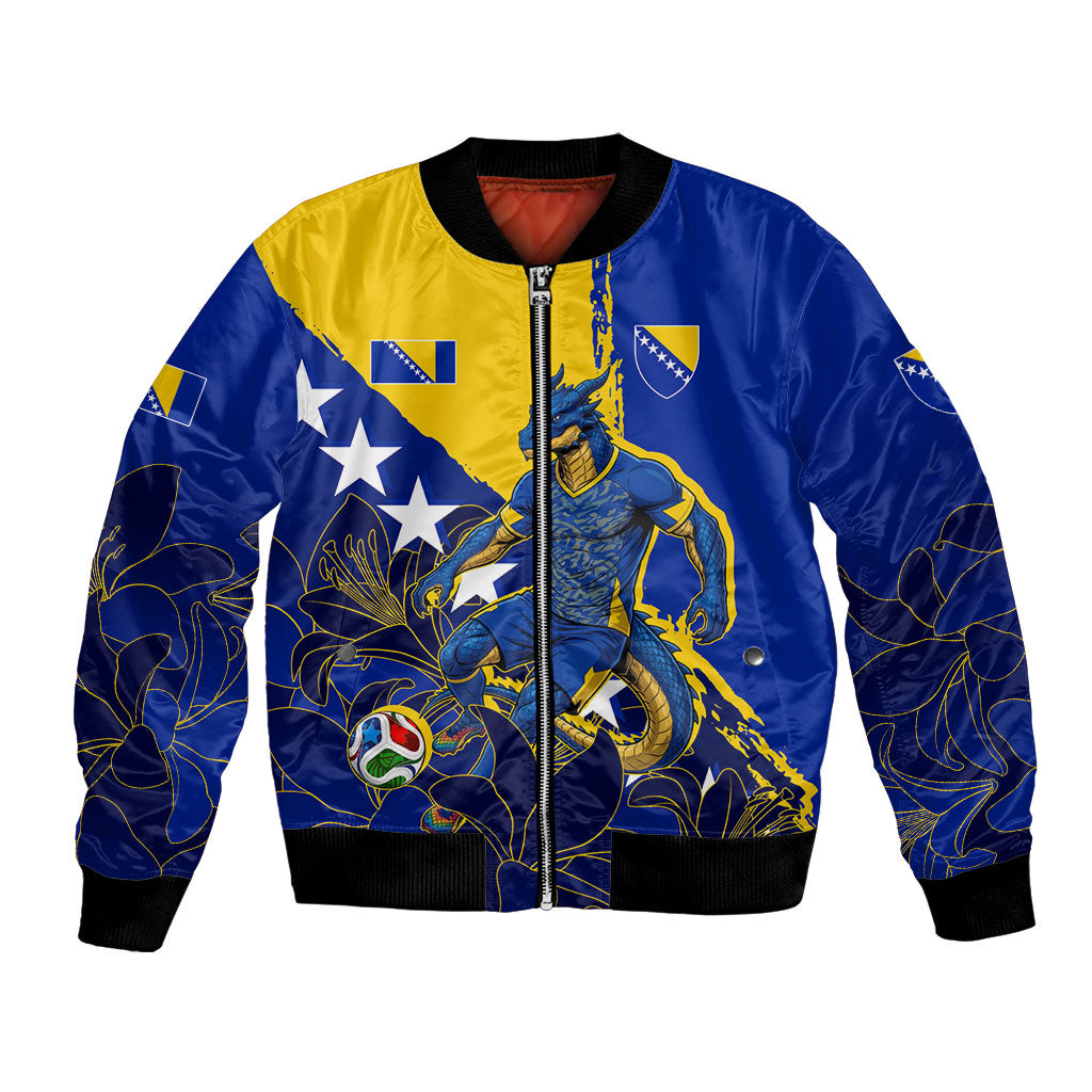 Personalized Bosnia And Herzegovina Football Dragon Mascot Bomber Jacket Balkan Soccer Design With Floral Line Art